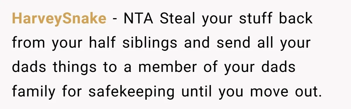 HarveySnake − NTA Steal your stuff back from your half siblings and send all your dads things to a member of your dads family for safekeeping until you move out.