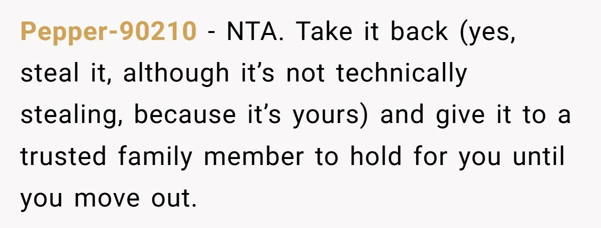 Pepper-90210 − NTA. Take it back (yes, steal it, although it’s not technically stealing, because it’s yours) and give it to a trusted family member to hold for you until...