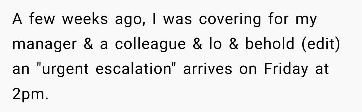 A few weeks ago, I was covering for my manager & a colleague & lo & behold (edit) an "urgent escalation" arrives on Friday at 2pm.