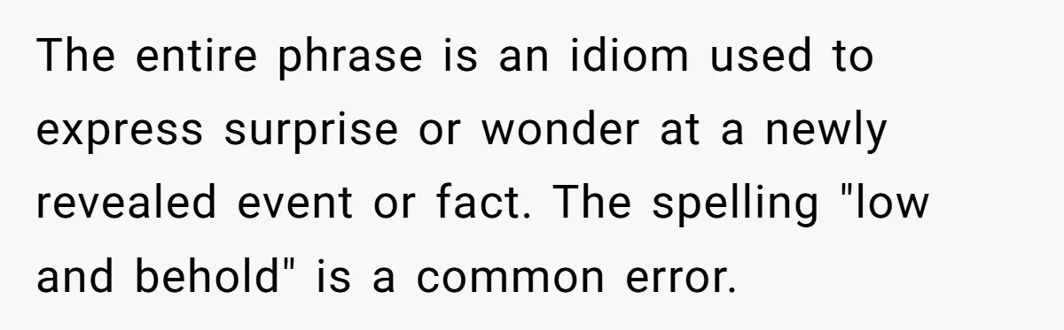 The entire phrase is an idiom used to express surprise or wonder at a newly revealed event or fact. The spelling "low and behold" is a common error.