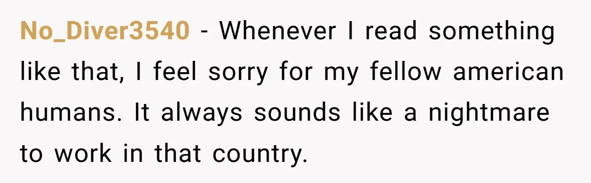 No_Diver3540 − Whenever I read something like that, I feel sorry for my fellow american humans. It always sounds like a nightmare to work in that country.