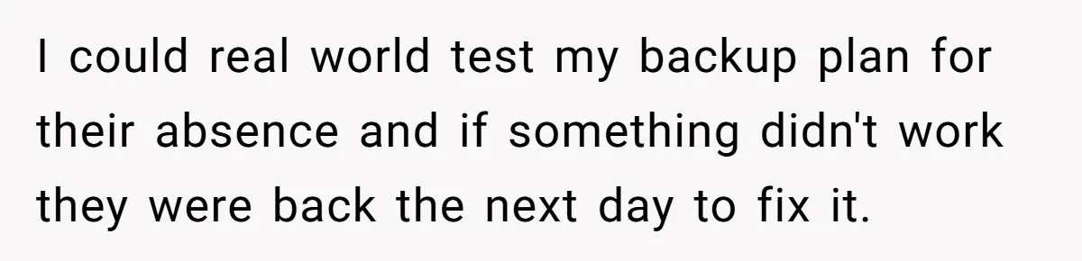 I could real world test my backup plan for their absence and if something didn't work they were back the next day to fix it.