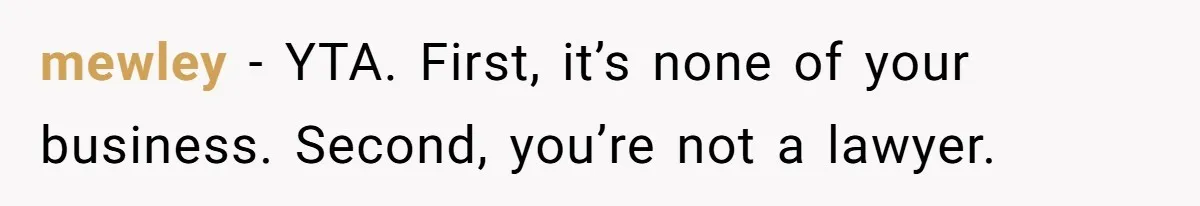 mewley − YTA. First, it’s none of your business. Second, you’re not a lawyer.