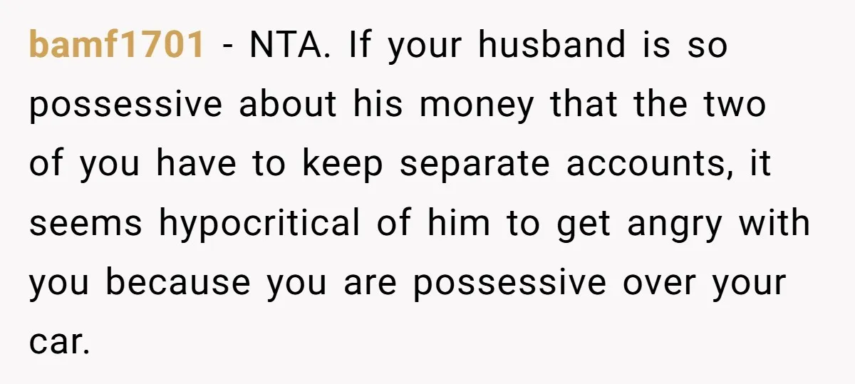 bamf1701 − NTA. If your husband is so possessive about his money that the two of you have to keep separate accounts, it seems hypocritical of him to get angry...