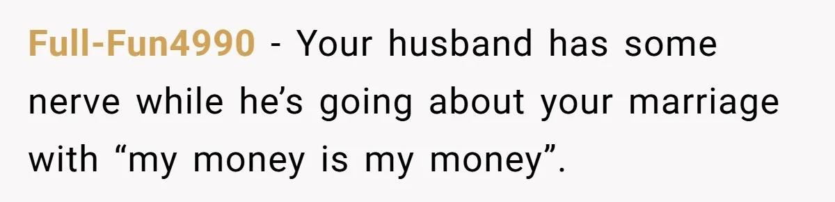 Full-Fun4990 − Your husband has some nerve while he’s going about your marriage with “my money is my money”.
