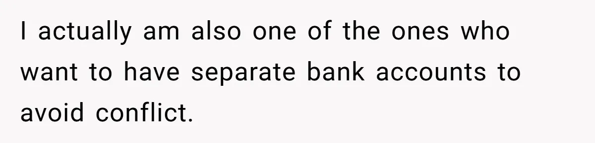 I actually am also one of the ones who want to have separate bank accounts to avoid conflict.