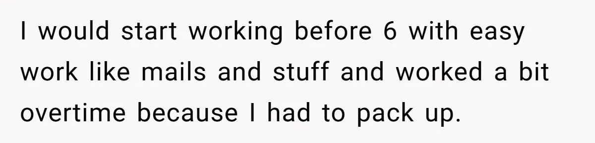 Boss Told Employee To Be On Time, So He Adjusted His Schedule To The Minute And Now His Boss Is Regretting It I would start working before 6 with easy work like mails and stuff and worked a bit overtime because I had to pack up.