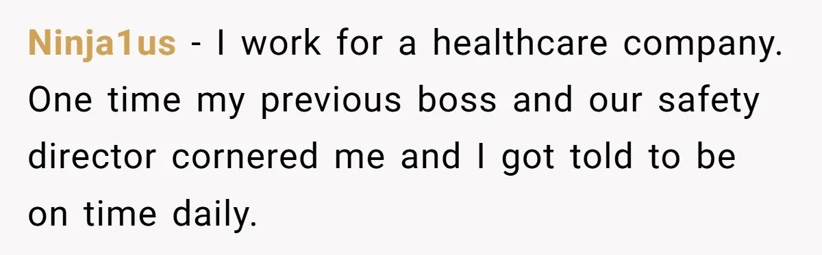 Boss Told Employee To Be On Time, So He Adjusted His Schedule To The Minute And Now His Boss Is Regretting It Ninja1us − I work for a healthcare company. One time my previous boss and our safety director cornered me and I got told to be on time daily.