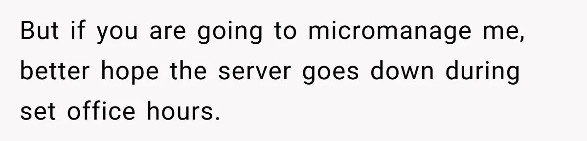 Boss Told Employee To Be On Time, So He Adjusted His Schedule To The Minute And Now His Boss Is Regretting It But if you are going to micromanage me, better hope the server goes down during set office hours.