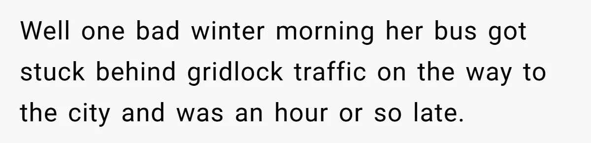 Boss Told Employee To Be On Time, So He Adjusted His Schedule To The Minute And Now His Boss Is Regretting It Well one bad winter morning her bus got stuck behind gridlock traffic on the way to the city and was an hour or so late.