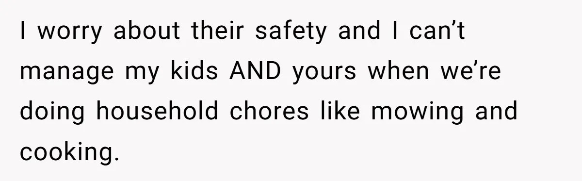 I worry about their safety and I can’t manage my kids AND yours when we’re doing household chores like mowing and cooking.
