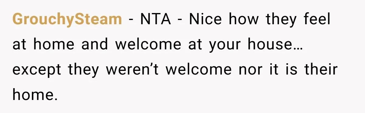 GrouchySteam − NTA - Nice how they feel at home and welcome at your house… except they weren’t welcome nor it is their home.