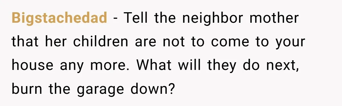 Bigstachedad − Tell the neighbor mother that her children are not to come to your house any more. What will they do next, burn the garage down?