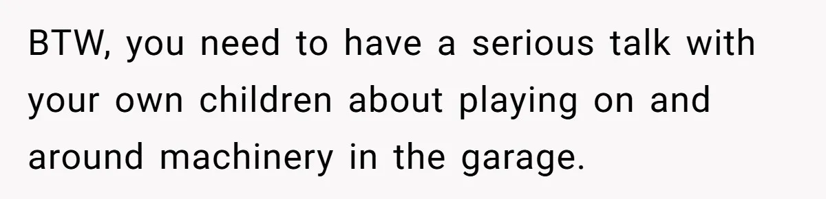 BTW, you need to have a serious talk with your own children about playing on and around machinery in the garage.