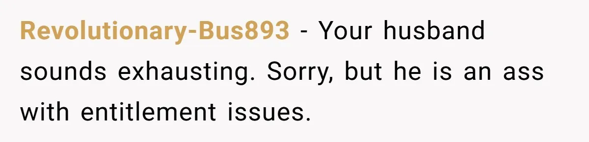Revolutionary-Bus893 − Your husband sounds exhausting. Sorry, but he is an ass with entitlement issues.