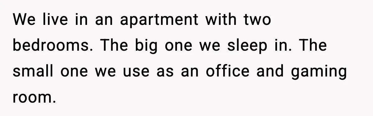 We live in an apartment with two bedrooms. The big one we sleep in. The small one we use as an office and gaming room.