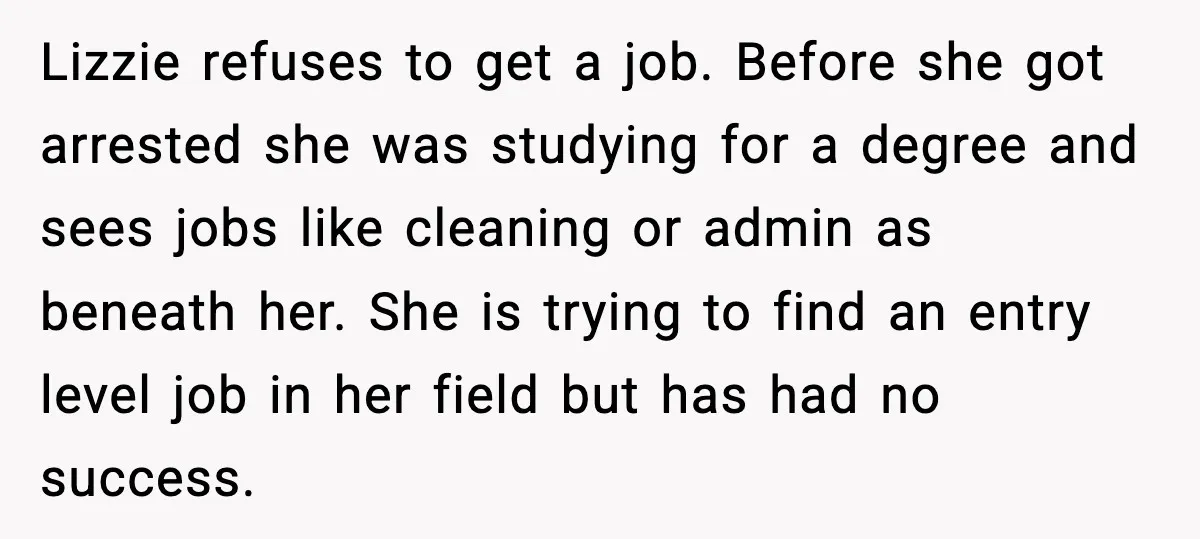 Lizzie refuses to get a job. Before she got arrested she was studying for a degree and sees jobs like cleaning or admin as beneath her. She is trying to...