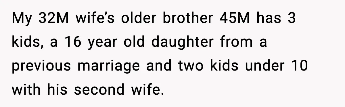 My 32M wife’s older brother 45M has 3 kids, a 16 year old daughter from a previous marriage and two kids under 10 with his second wife.