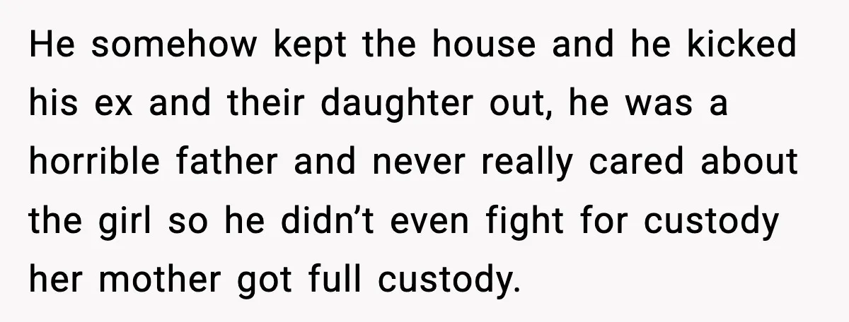 He somehow kept the house and he kicked his ex and their daughter out, he was a horrible father and never really cared about the girl so he didn’t even...