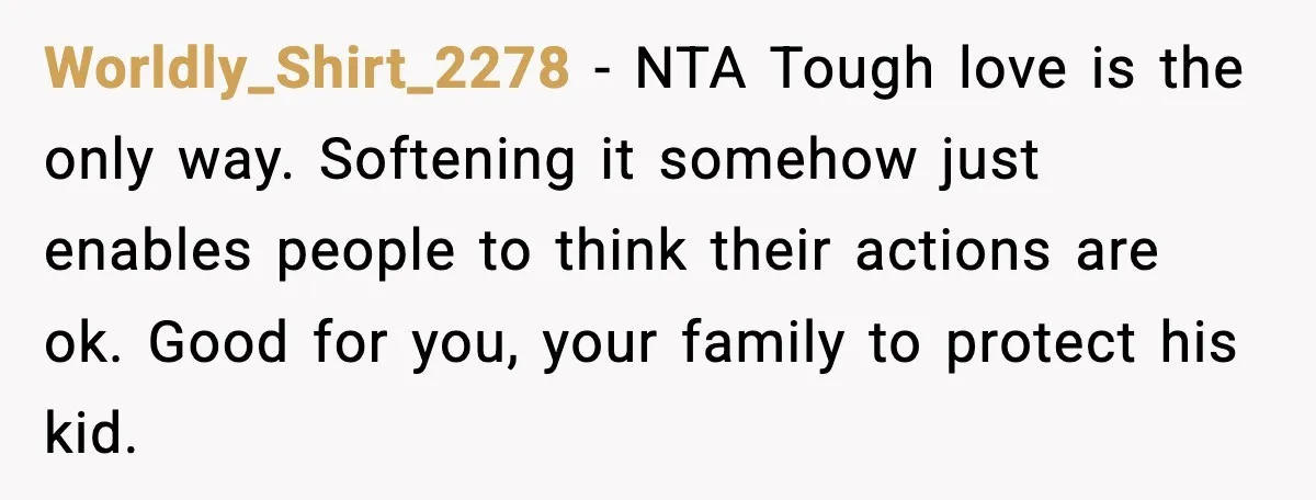 Worldly_Shirt_2278 - NTA Tough love is the only way. Softening it somehow just enables people to think their actions are ok. Good for you, your family to protect his kid.