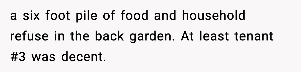 a six foot pile of food and household refuse in the back garden. At least tenant #3 was decent.