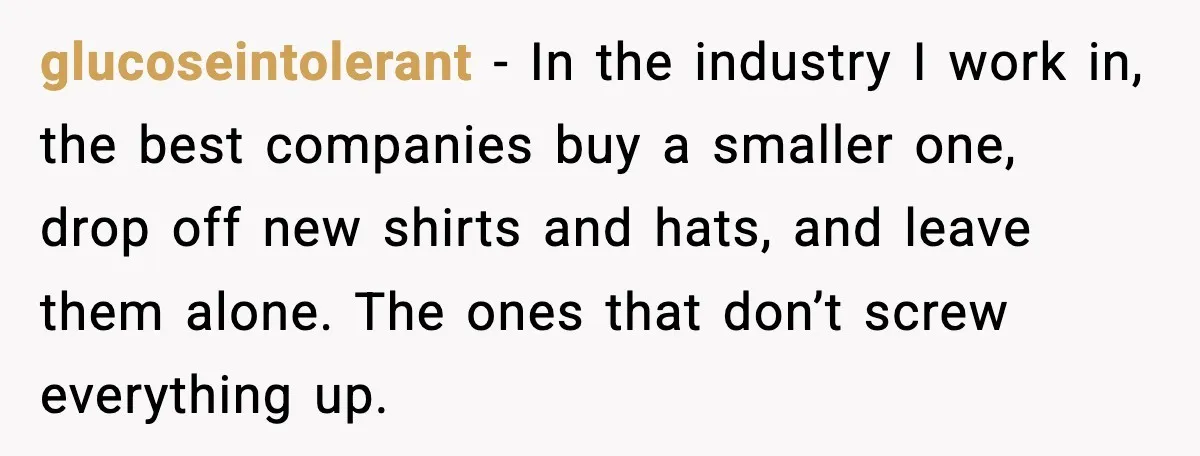 glucoseintolerant - In the industry I work in, the best companies buy a smaller one, drop off new shirts and hats, and leave them alone. The ones that don’t screw...