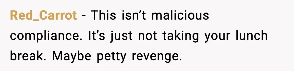 Red_Carrot - This isn’t malicious compliance. It’s just not taking your lunch break. Maybe petty revenge.