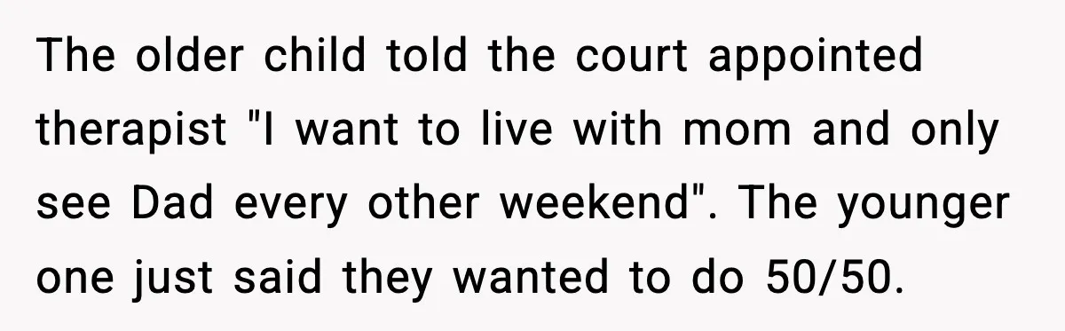 The older child told the court appointed therapist "I want to live with mom and only see Dad every other weekend". The younger one just said they wanted to do...