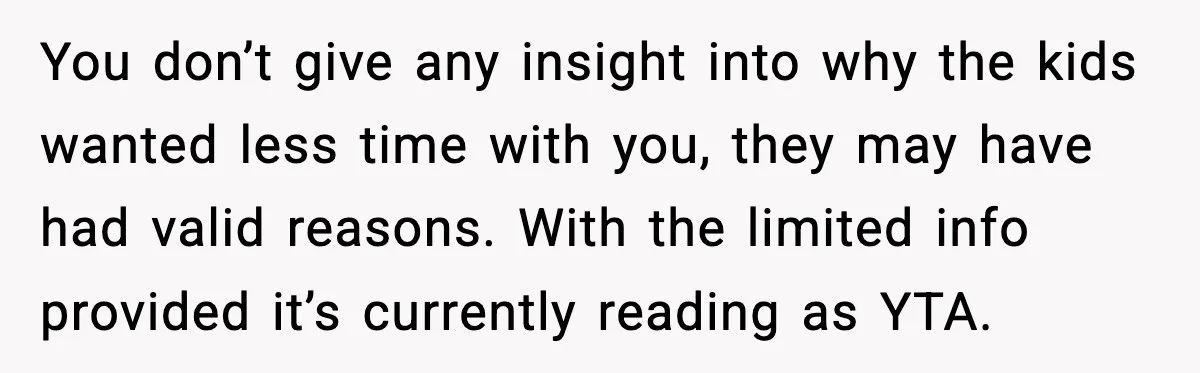 You don’t give any insight into why the kids wanted less time with you, they may have had valid reasons. With the limited info provided it’s currently reading as YTA.