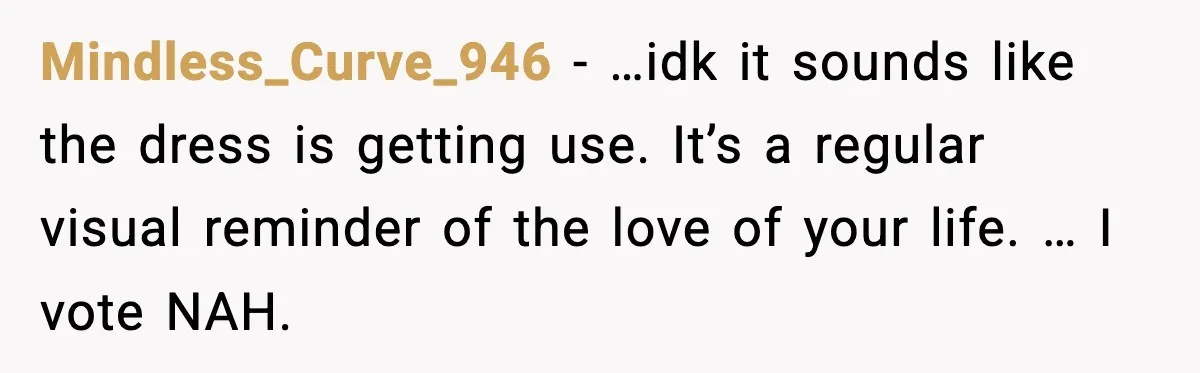 Mindless_Curve_946 - …idk it sounds like the dress is getting use. It’s a regular visual reminder of the love of your life. … I vote NAH.