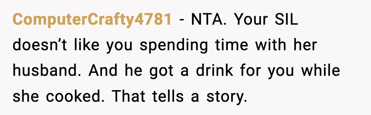 ComputerCrafty4781 - NTA. Your SIL doesn’t like you spending time with her husband. And he got a drink for you while she cooked. That tells a story.