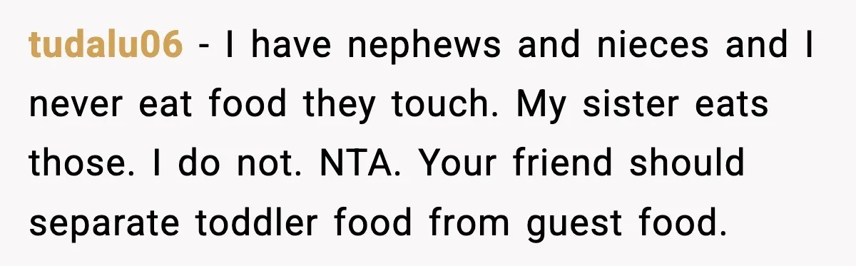 tudalu06 - I have nephews and nieces and I never eat food they touch. My sister eats those. I do not. NTA. Your friend should separate toddler food from guest...