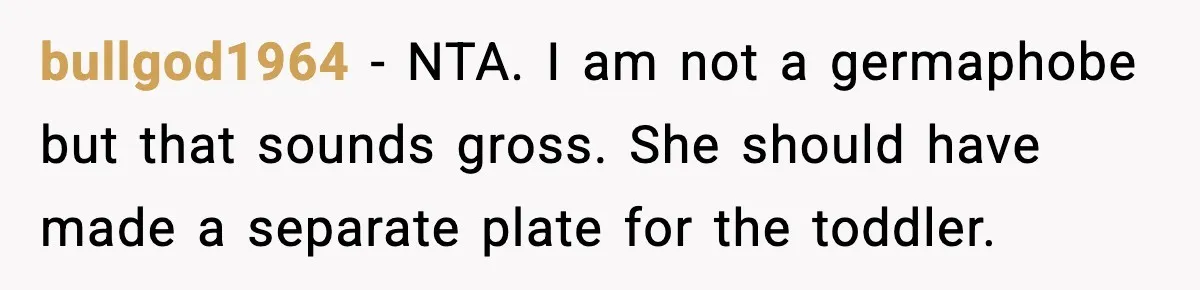 bullgod1964 - NTA. I am not a germaphobe but that sounds gross. She should have made a separate plate for the toddler.