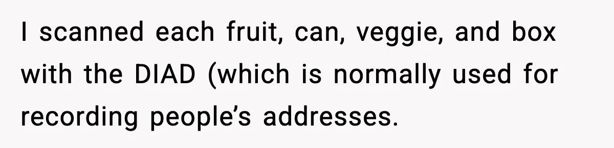 I scanned each fruit, can, veggie, and box with the DIAD (which is normally used for recording people’s addresses.