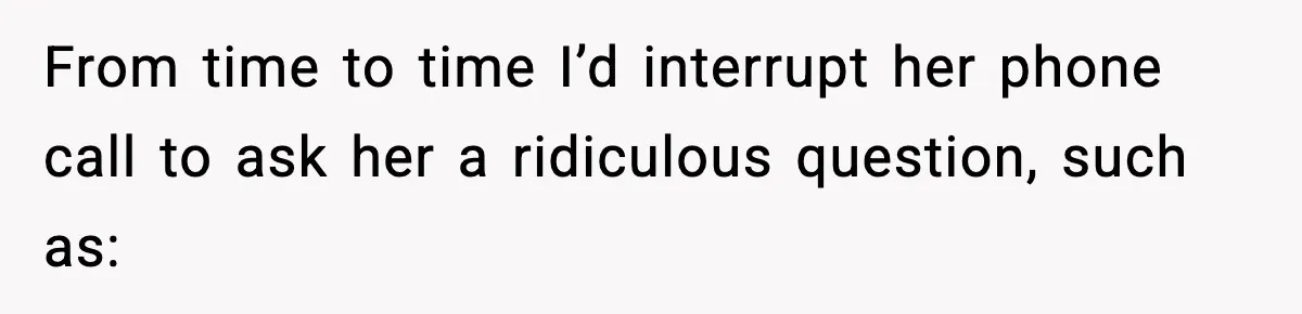 From time to time I’d interrupt her phone call to ask her a ridiculous question, such as: