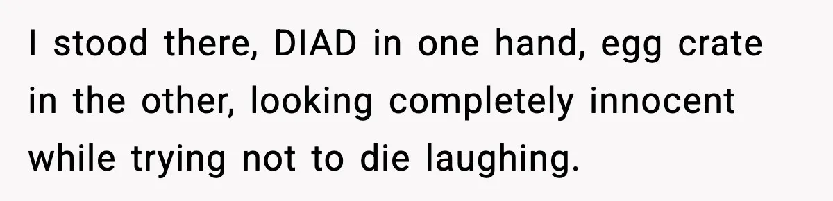 I stood there, DIAD in one hand, egg crate in the other, looking completely innocent while trying not to die laughing.