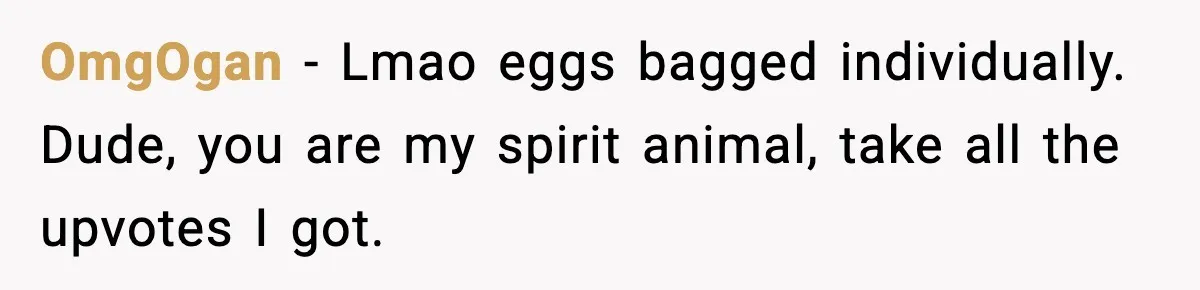 OmgOgan − Lmao eggs bagged individually. Dude, you are my spirit animal, take all the upvotes I got.