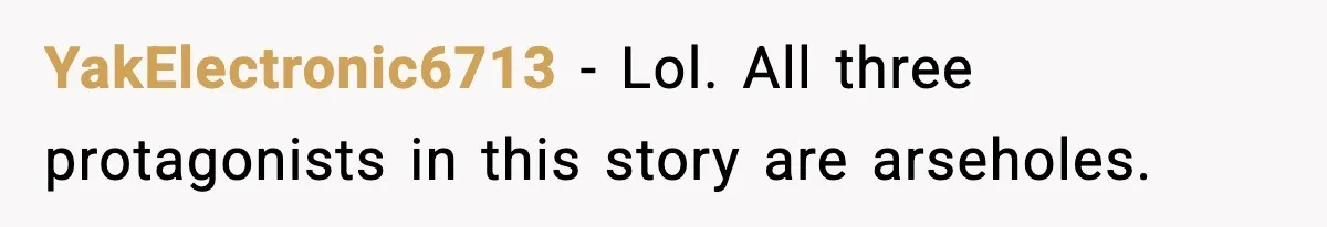 YakElectronic6713 - Lol. All three protagonists in this story are arseholes.