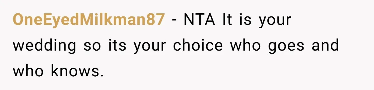 OneEyedMilkman87 − NTA It is your wedding so its your choice who goes and who knows.