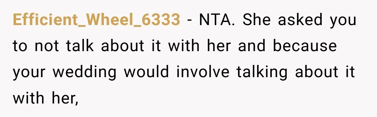 Efficient_Wheel_6333 − NTA. She asked you to not talk about it with her and because your wedding would involve talking about it with her,