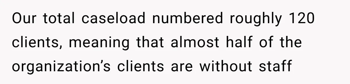 Our total caseload numbered roughly 120 clients, meaning that almost half of the organization’s clients are without staff