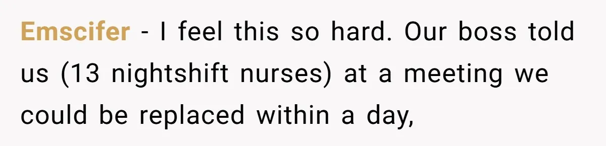 Emscifer − I feel this so hard. Our boss told us (13 nightshift nurses) at a meeting we could be replaced within a day,