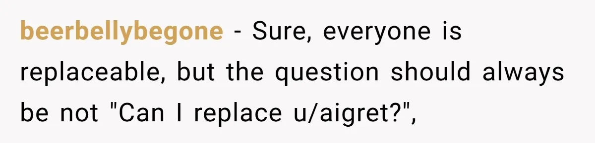 beerbellybegone − Sure, everyone is replaceable, but the question should always be not "Can I replace u/aigret?",