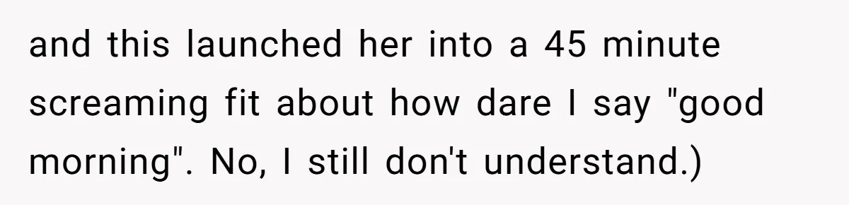 and this launched her into a 45 minute screaming fit about how dare I say "good morning". No, I still don't understand.)