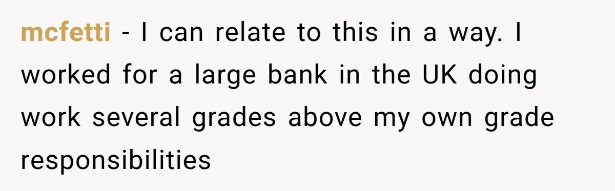 mcfetti − I can relate to this in a way. I worked for a large bank in the UK doing work several grades above my own grade responsibilities
