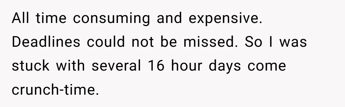 All time consuming and expensive. Deadlines could not be missed. So I was stuck with several 16 hour days come crunch-time.