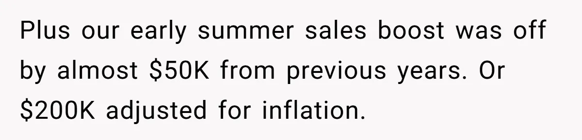 Plus our early summer sales boost was off by almost $50K from previous years. Or $200K adjusted for inflation.