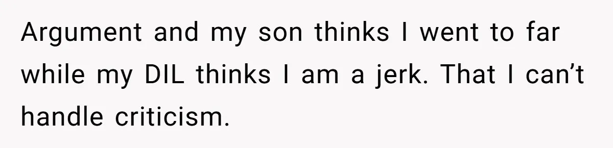 Argument and my son thinks I went to far while my DIL thinks I am a jerk. That I can’t handle criticism.