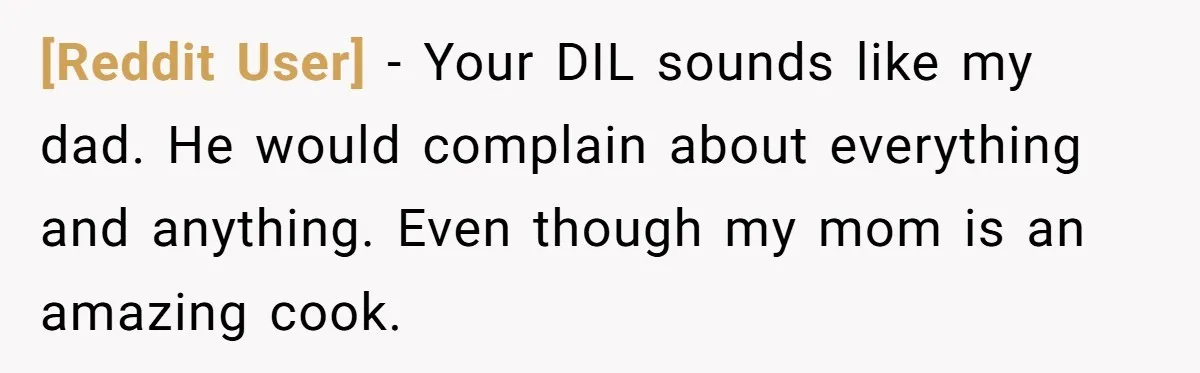 [Reddit User] − Your DIL sounds like my dad. He would complain about everything and anything. Even though my mom is an amazing cook.