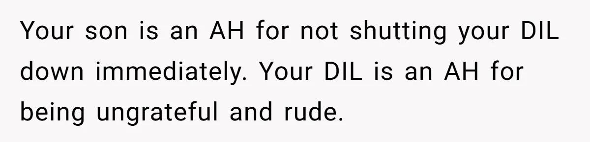 Your son is an AH for not shutting your DIL down immediately. Your DIL is an AH for being ungrateful and rude.
